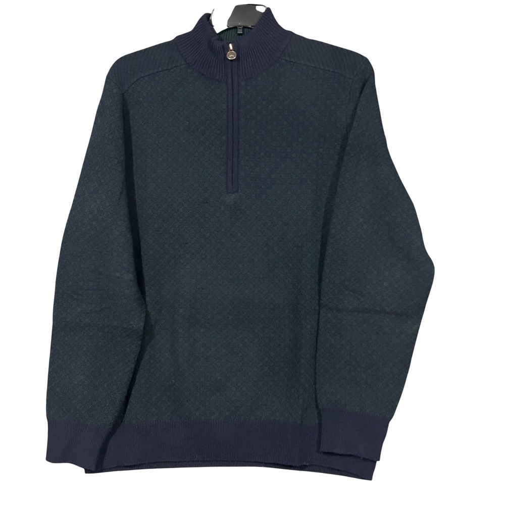 Brooks Brothers Mens XL Merino Wool Quarter Zip Sweater Green Navy Check